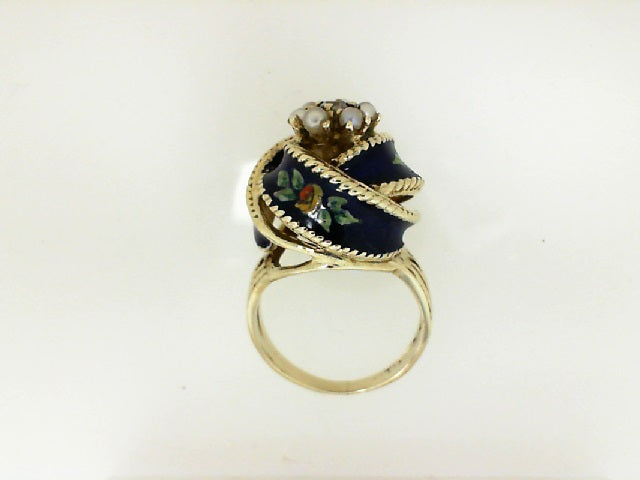 Yellow Gold Enamel Knot Pearl Ring