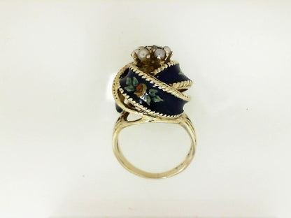 Yellow Gold Enamel Knot Pearl Ring