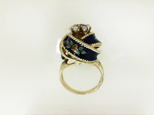 Yellow Gold Enamel Knot Pearl Ring