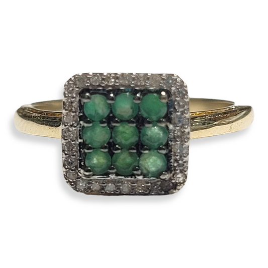 Vintage Emerald and Diamond Square Cluster Ring