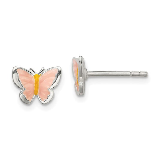 White Sterling Silver Pink Enamel Butterfly Earrings