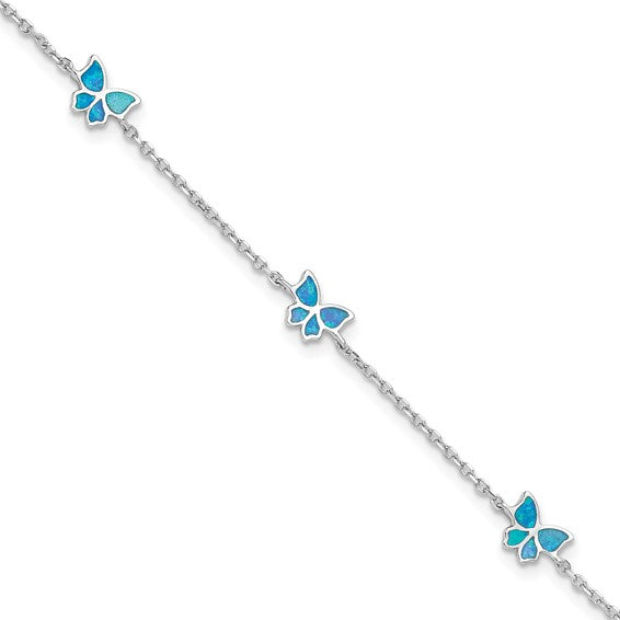 White Sterling Silver Opal Inlay Butterfly Anklet