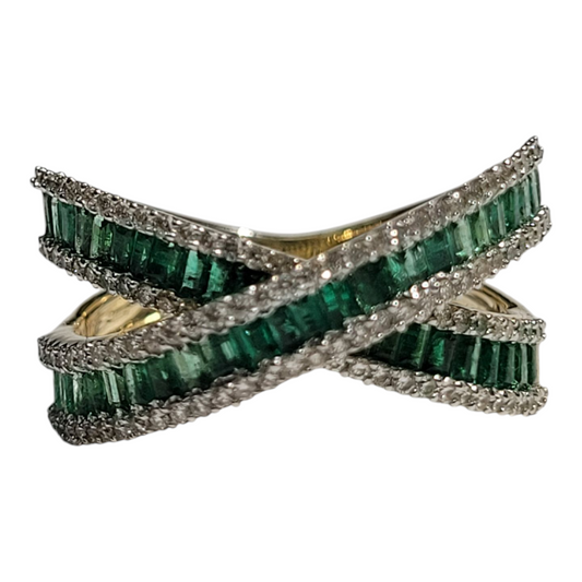 Yellow Gold Baguette Emerald Criss Cross Ring