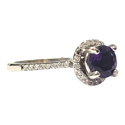 White Gold Round Amethyst Diamond Halo Ring