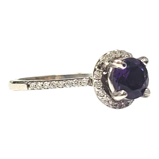 White Gold Round Amethyst Diamond Halo Ring