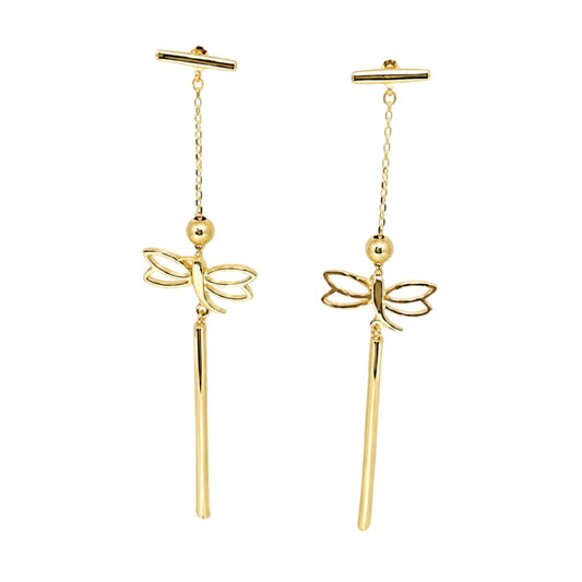 Yellow Gold Dangling Dragonfly Earrings