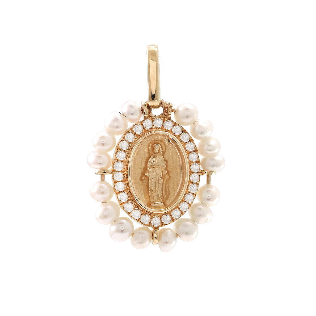 Yellow Gold Pearl Religious Medallion Pendant