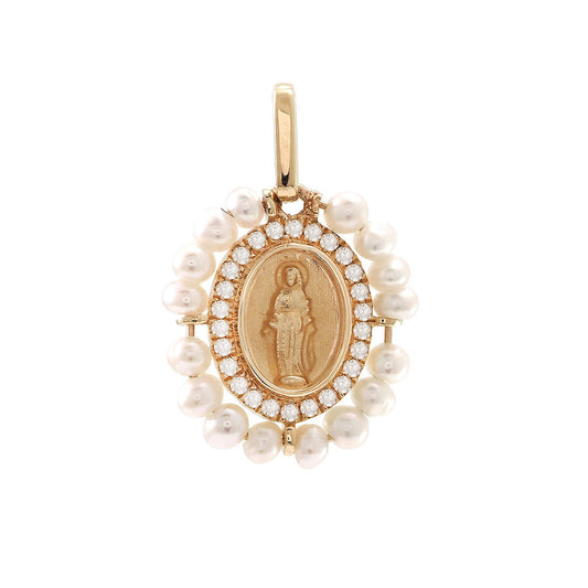 Yellow Gold Pearl Religious Medallion Pendant