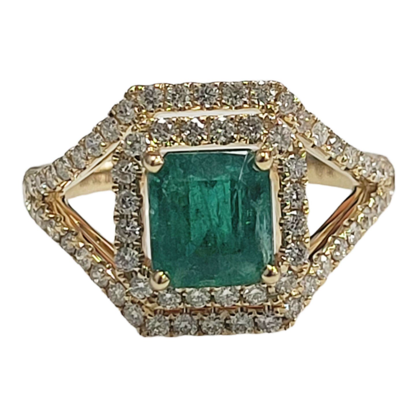 Yellow Gold Emerald and Diamond Halo Ring