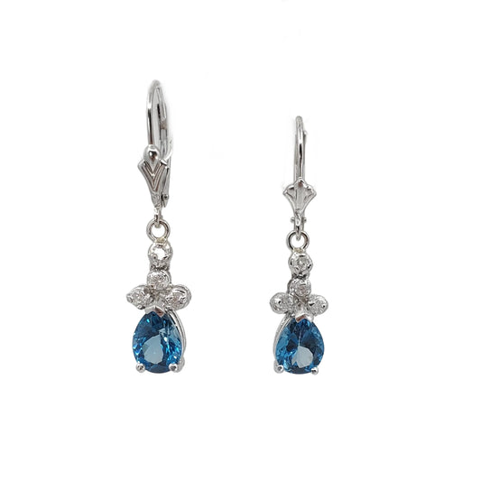 White Gold Pear Blue Topaz and Diamond Lever Back Earrings