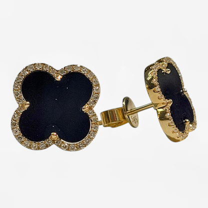 Yellow Gold Onyx and Diamond Clover Earrings