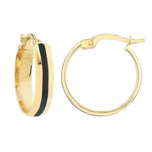 Yellow Gold Black Enameled Hoop Earrings