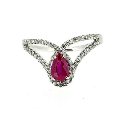 White Gold Pear Ruby Vee Ring