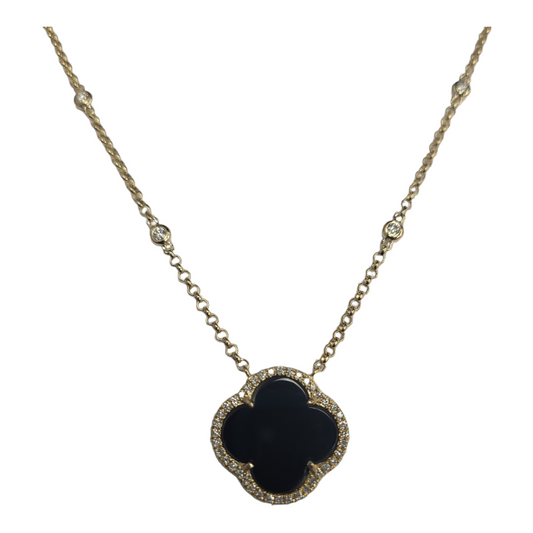 Yellow Gold Diamond and Onyx Clover Necklace