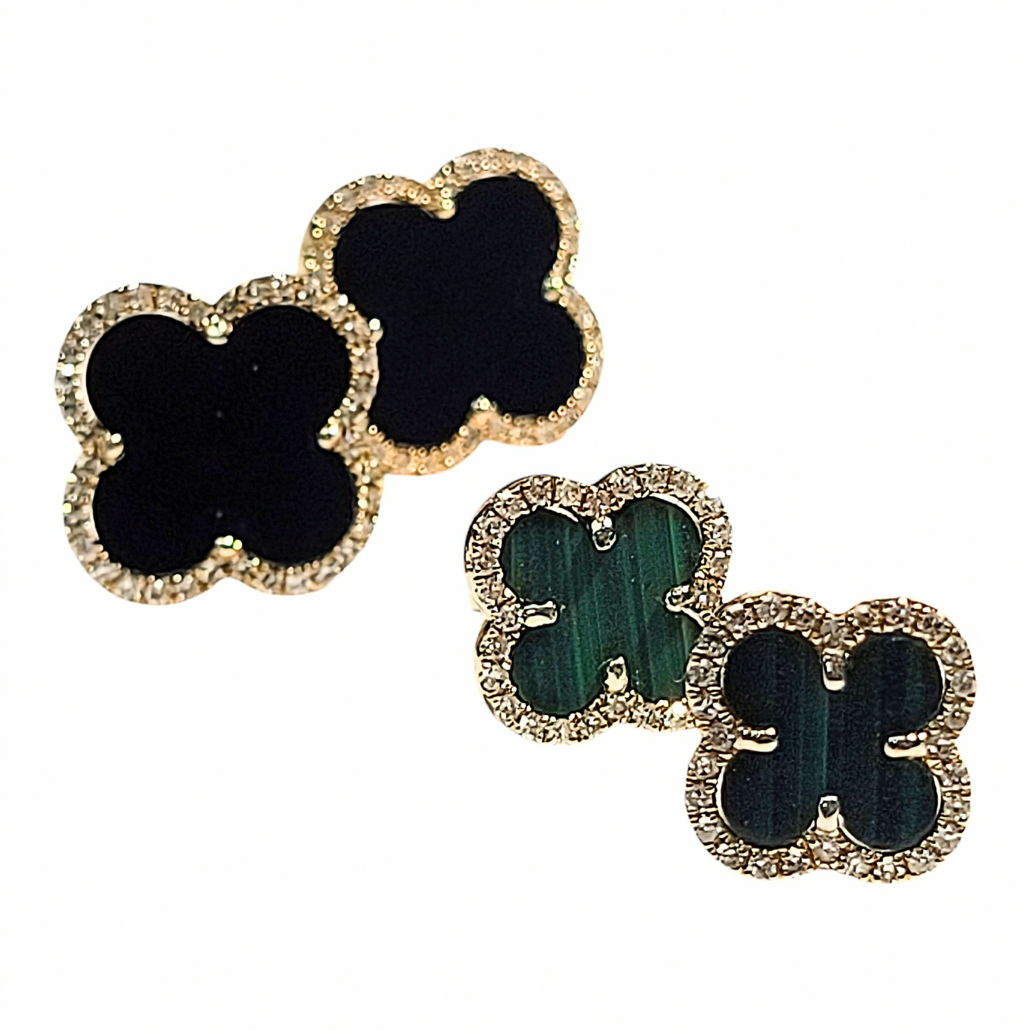 Yellow Gold Onyx and Diamond Clover Earrings