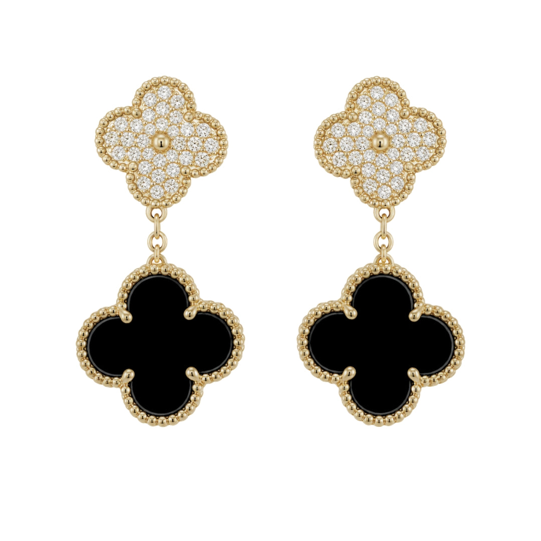 Yellow Gold Fantasy Cut Onyx Clover Drop Earrings