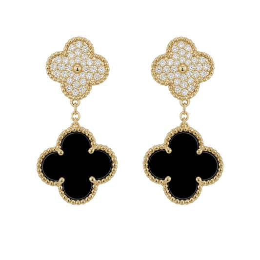 Yellow Gold Fantasy Cut Onyx Clover Drop Earrings