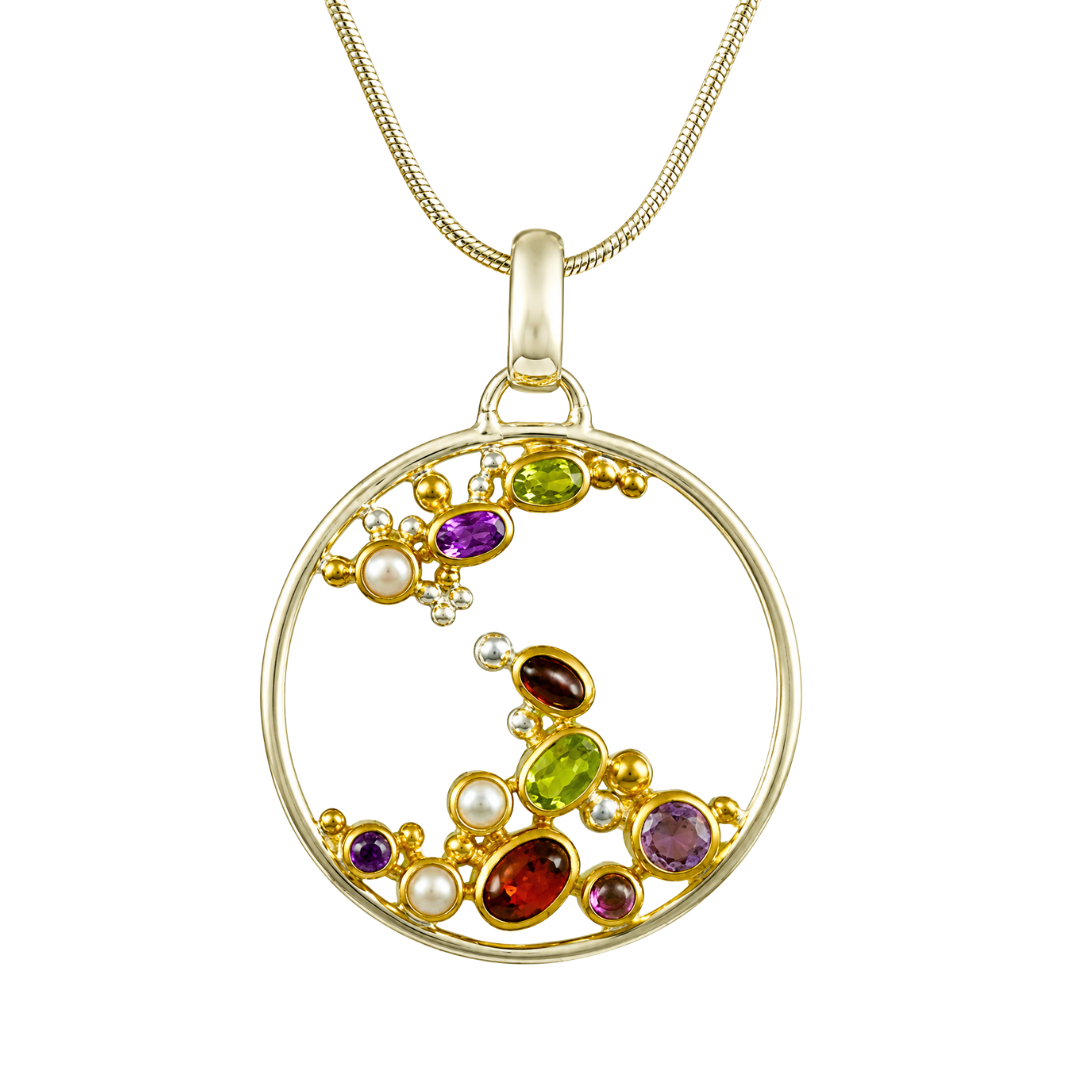 Two Tone Sterling Silver and Gold Gemstone Cascade Necklace