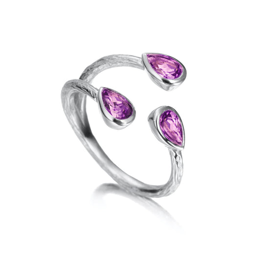 White Silver Pear Amethyst Ring