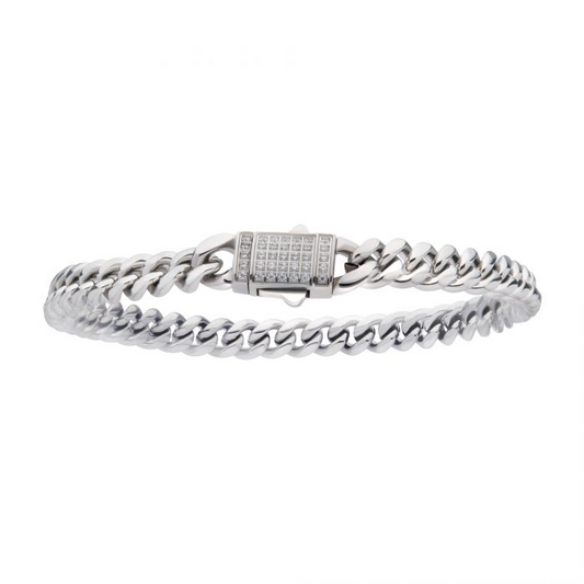 6MM White Stainless Steel Cuban Link Bracelet with Pave Cz Clasp