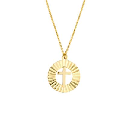 Yellow Gold Diamond Cut Cross Medalion Necklace