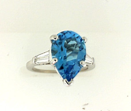 Vintage White Gold Pear Blue Topaz and Baguette Diamond Ring