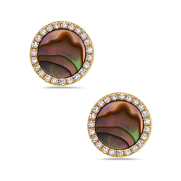 Yellow Gold Round Abalone and Diamond Stud Earrings