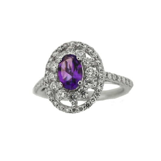 White Gold Amethyst and Diamond Halo Ring
