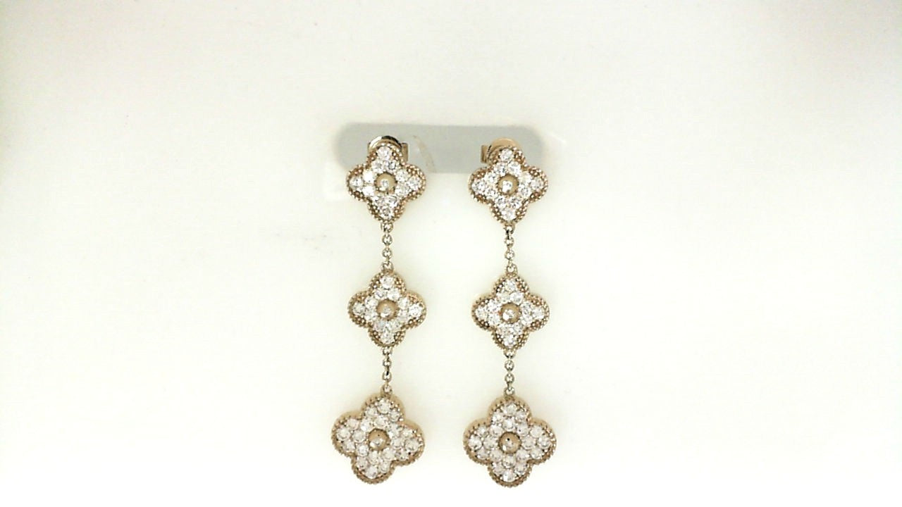 Yellow Gold Pave Diamond Clover Drop Earrings
