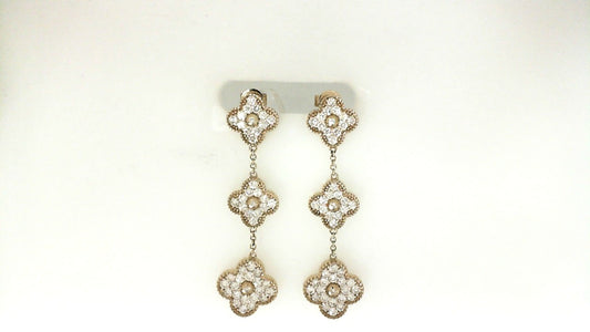 Yellow Gold Pave Diamond Clover Drop Earrings