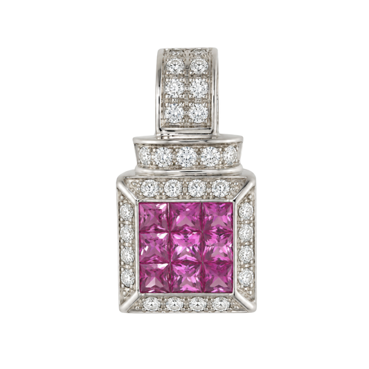 White Gold Cushion Pink Sapphire Square Pendant