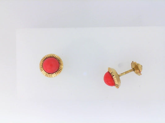 Vintage Coral Studs with Fluted Bezel and Screw Backs