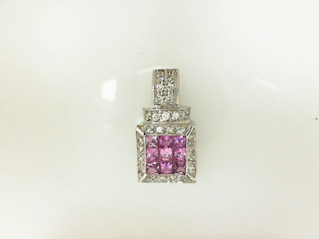 White Gold Cushion Pink Sapphire Square Pendant