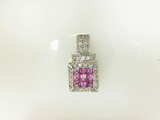 White Gold Cushion Pink Sapphire Square Pendant