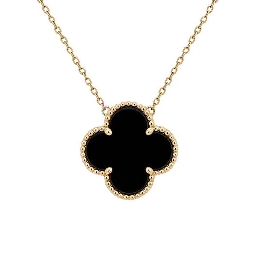 Yellow Gold Fantasy Cut Onyx Clover Necklace