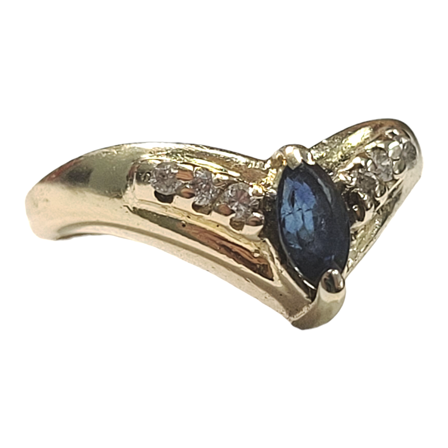 Vintage Yellow Gold Marquise Sapphire and Diamond Vee Ring