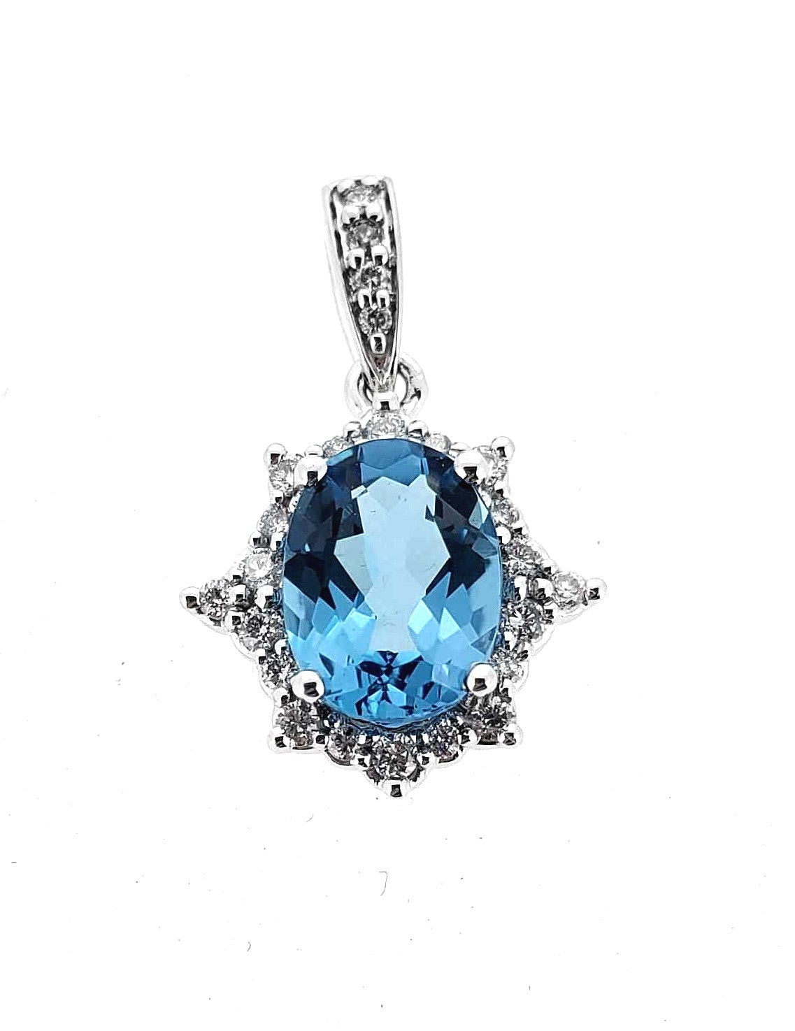 White Gold Blue Topaz and Diamond Drop Pendant