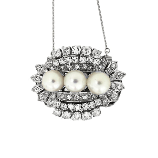Vintage White Gold Round Diamond and Akoya Pearl Necklace