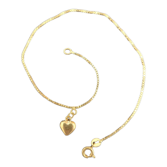 Vintage Yellow Gold Box Anklet with Hollow Puffed Heart Charm