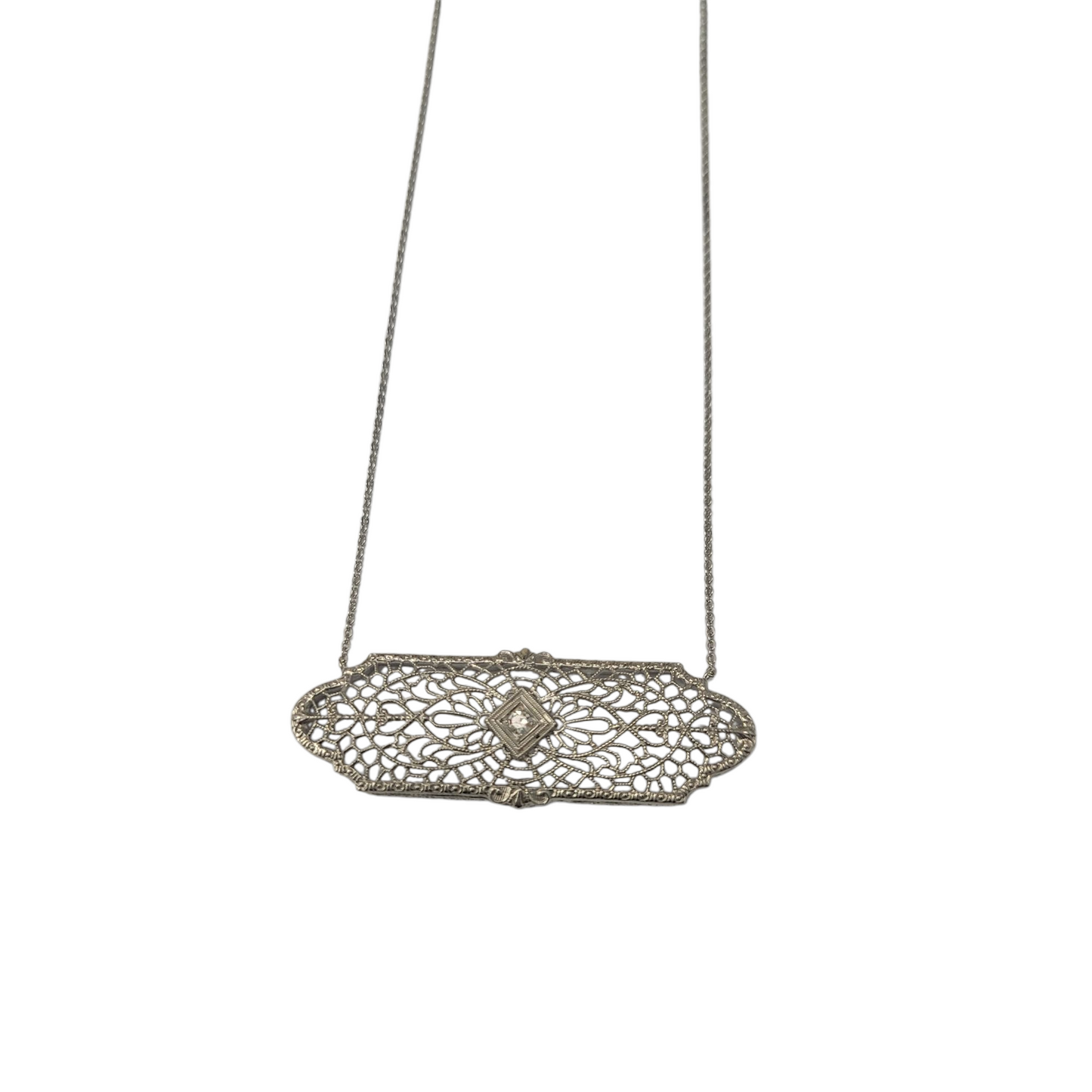 Vintage White Gold Diamond Filigree Pin