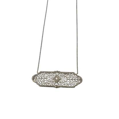 Vintage White Gold Diamond Filigree Pin