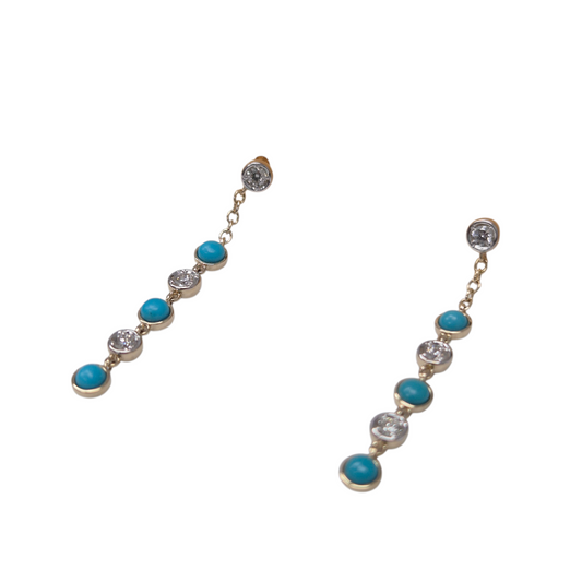 Yellow Gold Turquoise and Diamond Drop Earrings