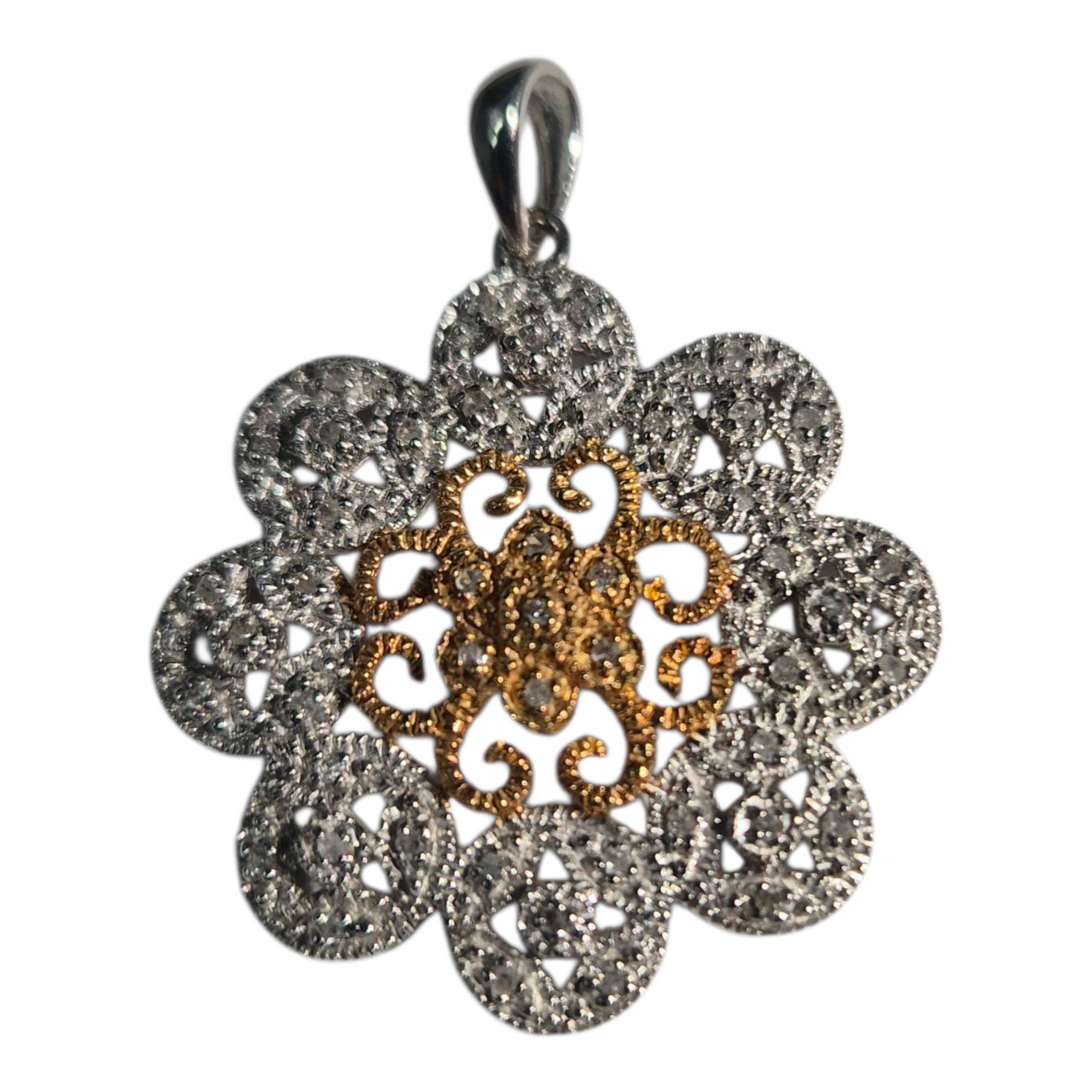Two Tone Gold Round Diamond Floral Pendant