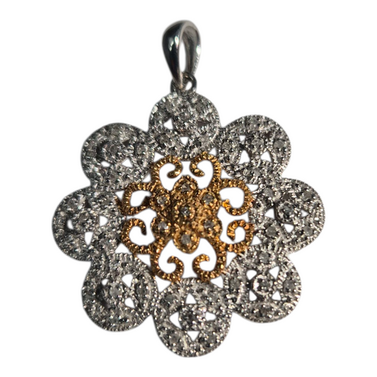 Two Tone Gold Round Diamond Floral Pendant