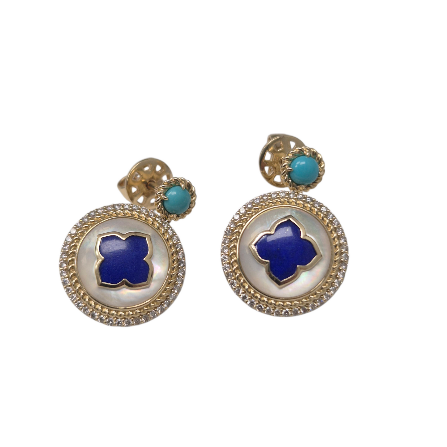 Yellow Gold Fantasy Cut Lapis Drop Earrings