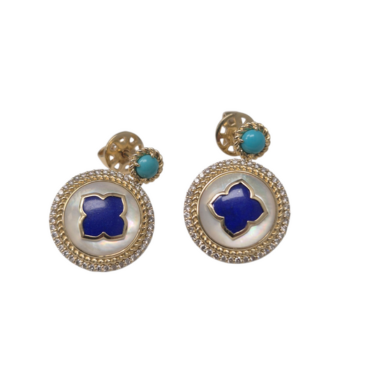 Yellow Gold Fantasy Cut Lapis Drop Earrings