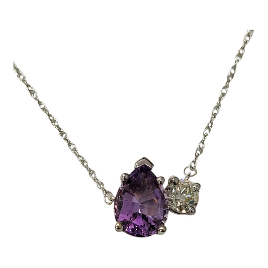 Pear Amethyst and Round Diamond Two Stone Necklace