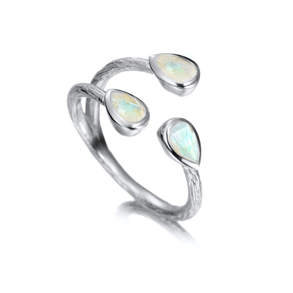 White Silver Pear Rainbow Moonstone Ring