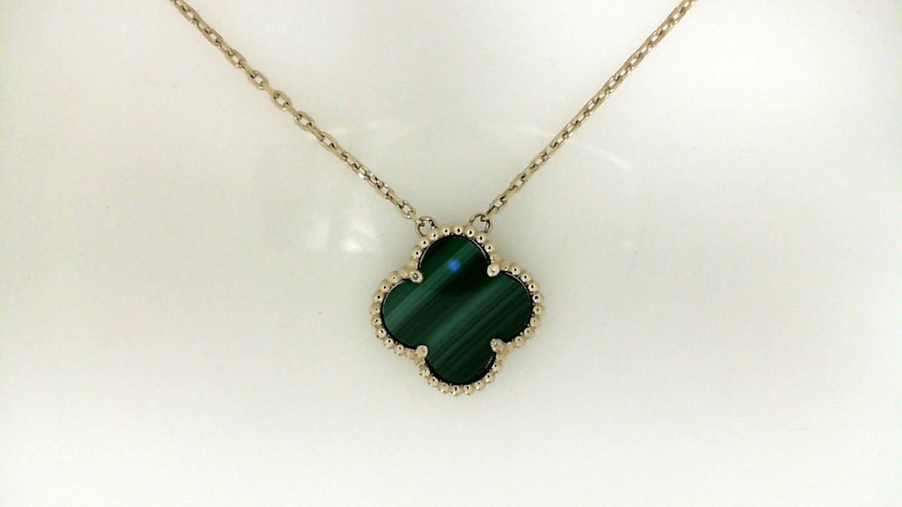 Yellow Gold Fantasy Cut Malachite Clover Necklace