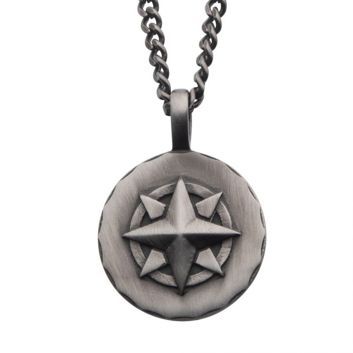 Gun Metal Plated Compass Medallion Pendant